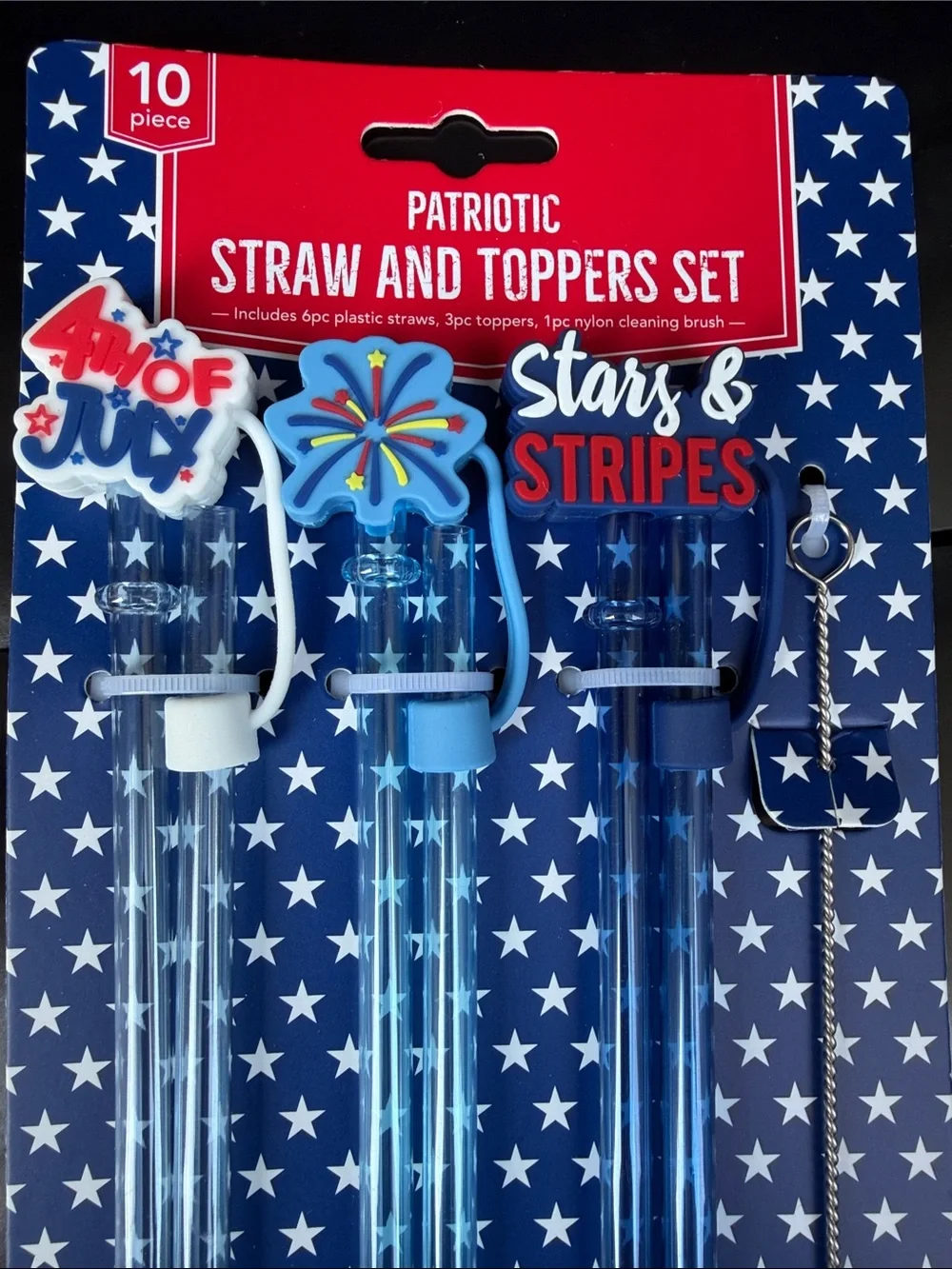 Patriotic Blue Straw and Toppers Set - Stars & Stripes
